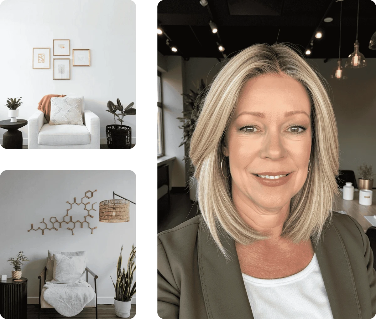 Angie Kingma, Registered Psychotherapist, offering compassionate mindfulness-based therapy in a calm, welcoming office setting.